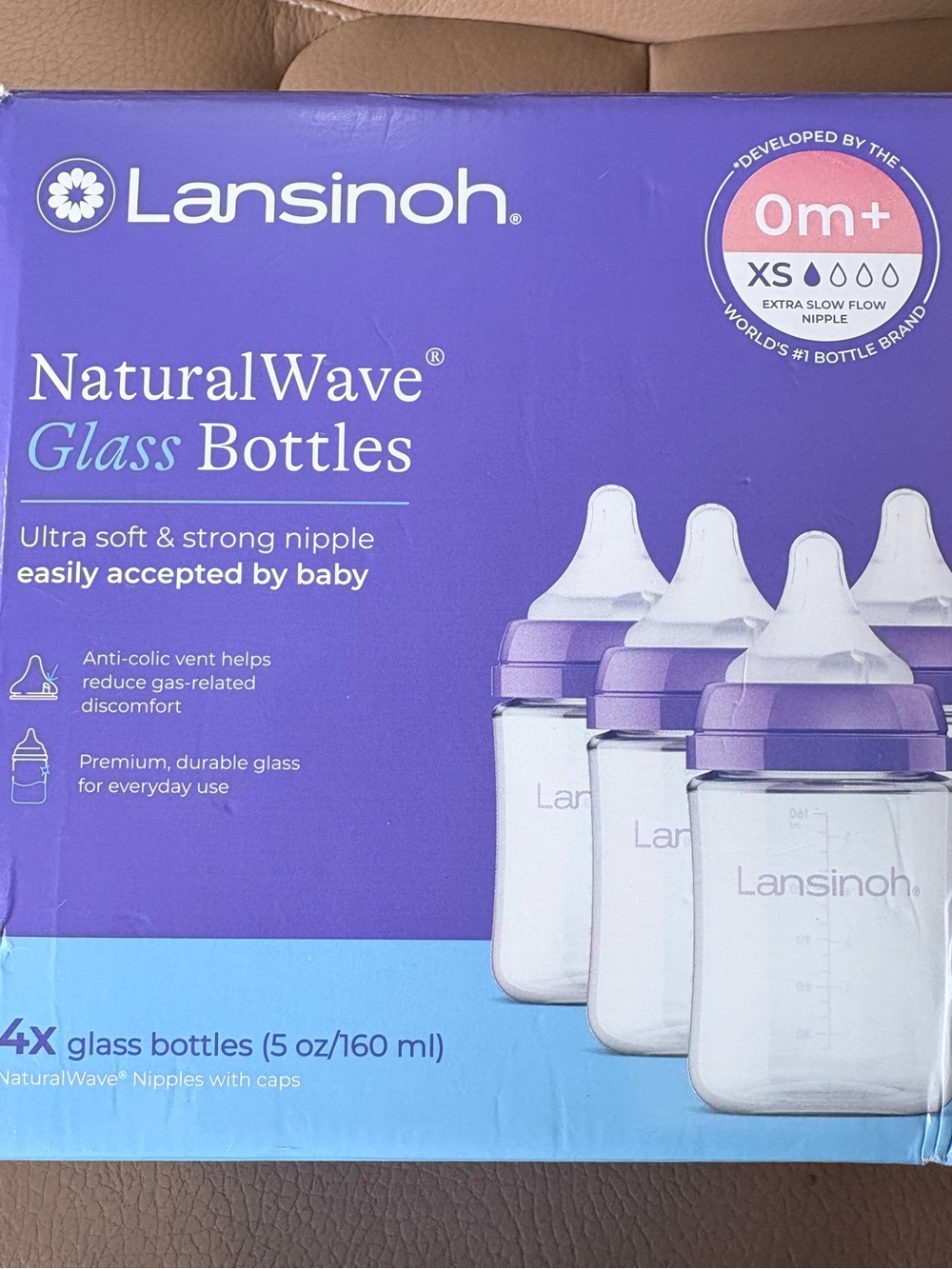 Lansinoh NaturalWave Glass Baby Bottles Set Of 4 5 Ounce Newborn 0+ NEW IN BOX